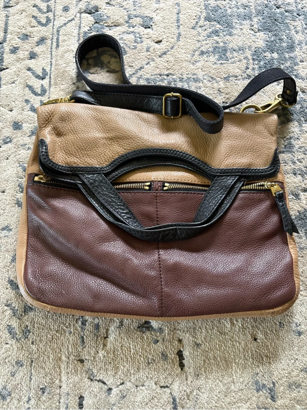 Fossil Two-Tone Brown, Tan & Black Leather Crossbody Bag